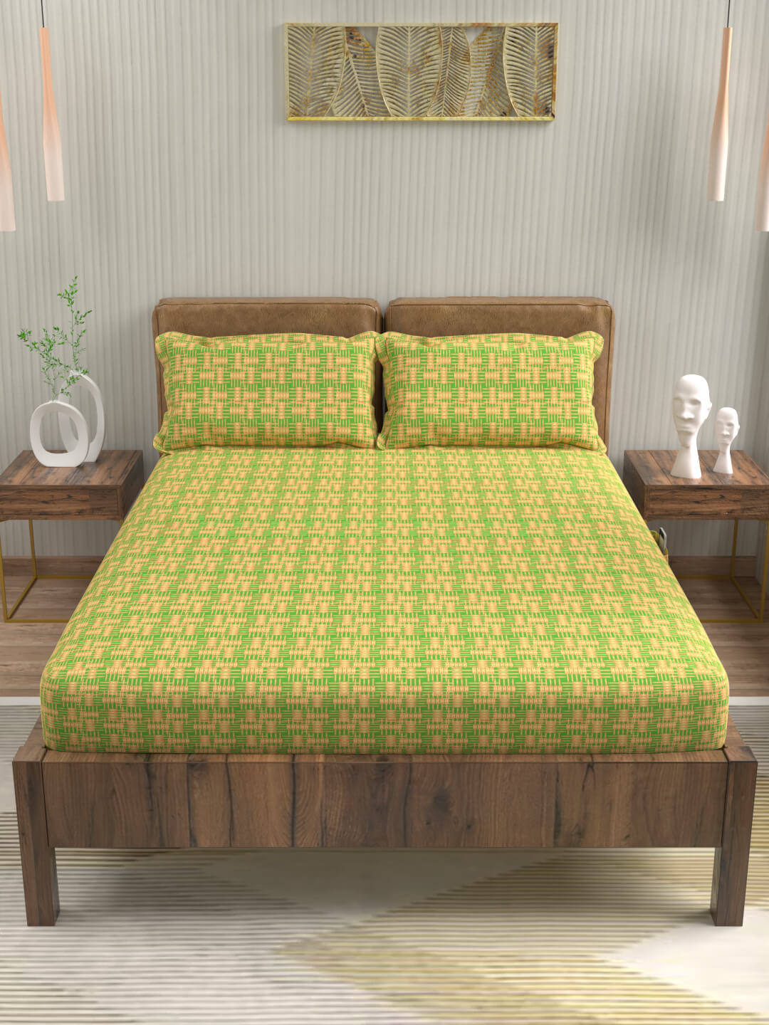 buy geometric pineapple yellow cotton double bed fitted bedsheets online – front view